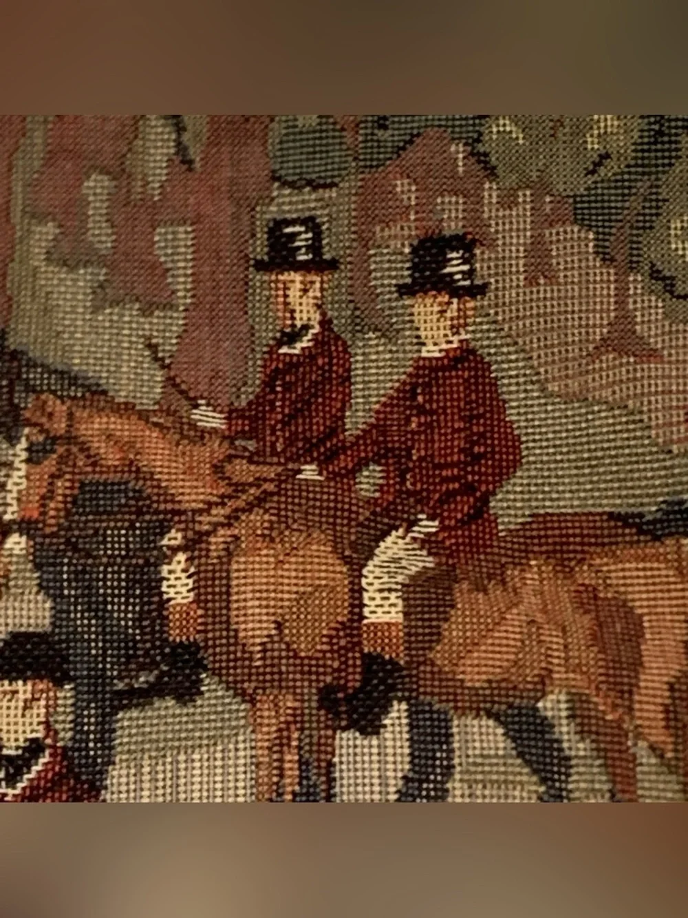VINTAGE Orvis Brown Leather-Trim Tapestry Messenger Bag with Equestrian Scene
